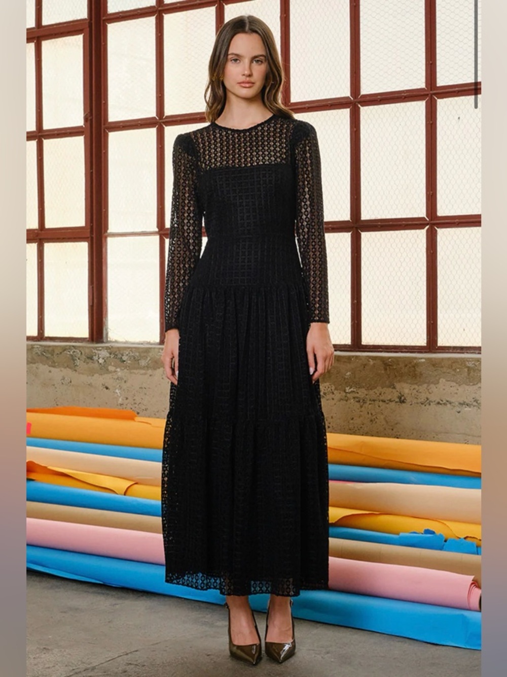 Black Long-Sleeve Crochet Midi Dress with Tie Necky - Picture 2 of 12